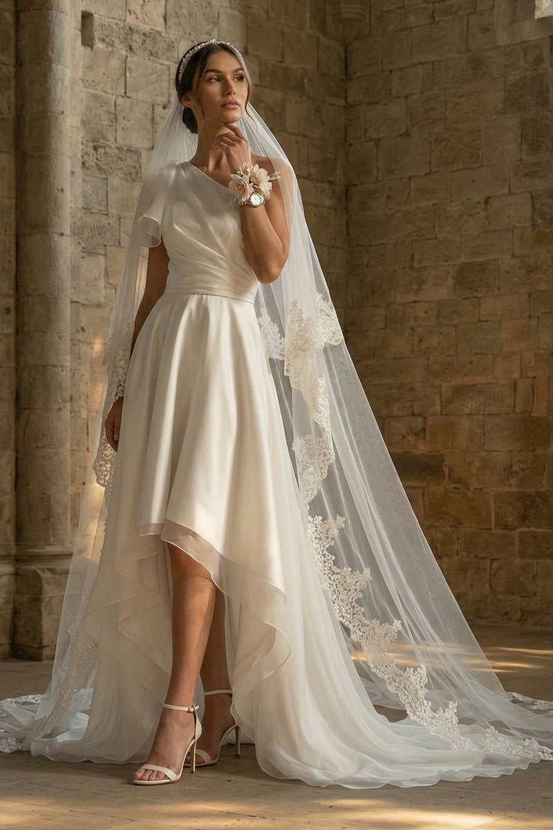 Load image into Gallery viewer, A Line Ruched White Asymmetrical Beach Wedding Dress with Ruffles