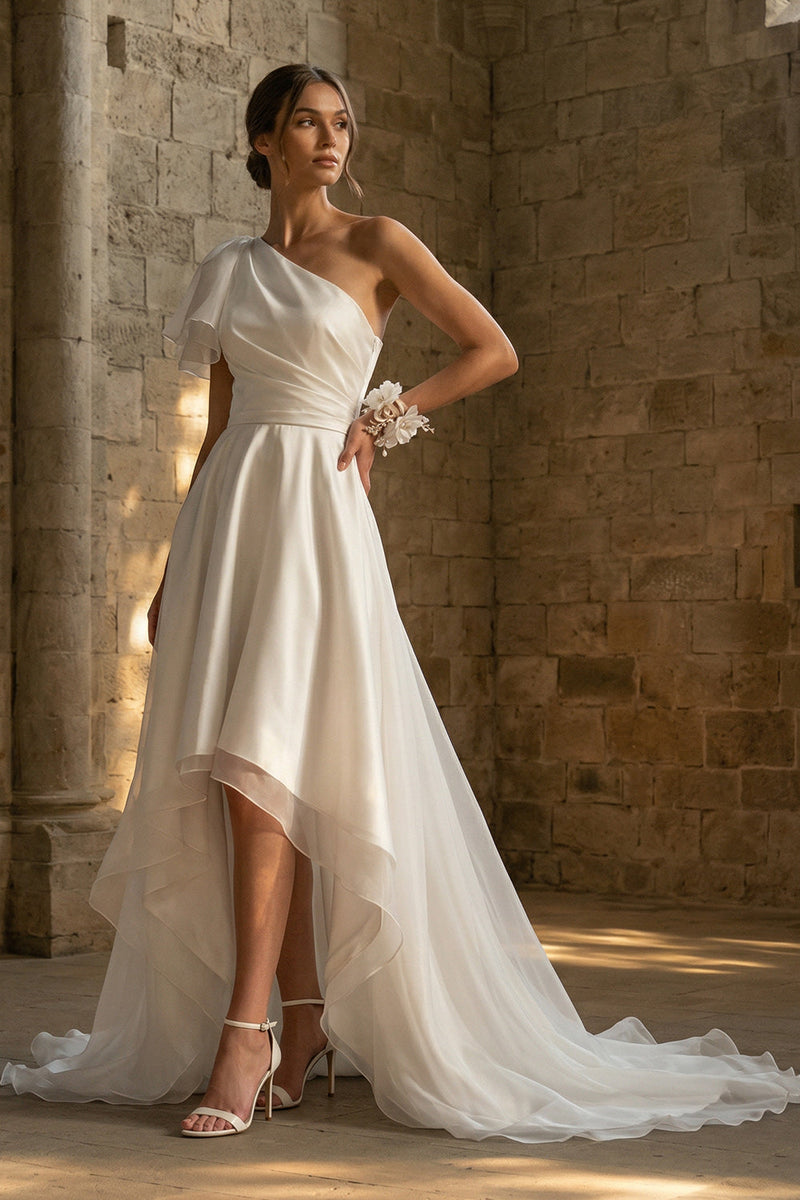 Load image into Gallery viewer, A Line Ruched White Asymmetrical Beach Wedding Dress with Ruffles