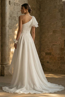 A Line Ruched White Asymmetrical Beach Wedding Dress with Ruffles