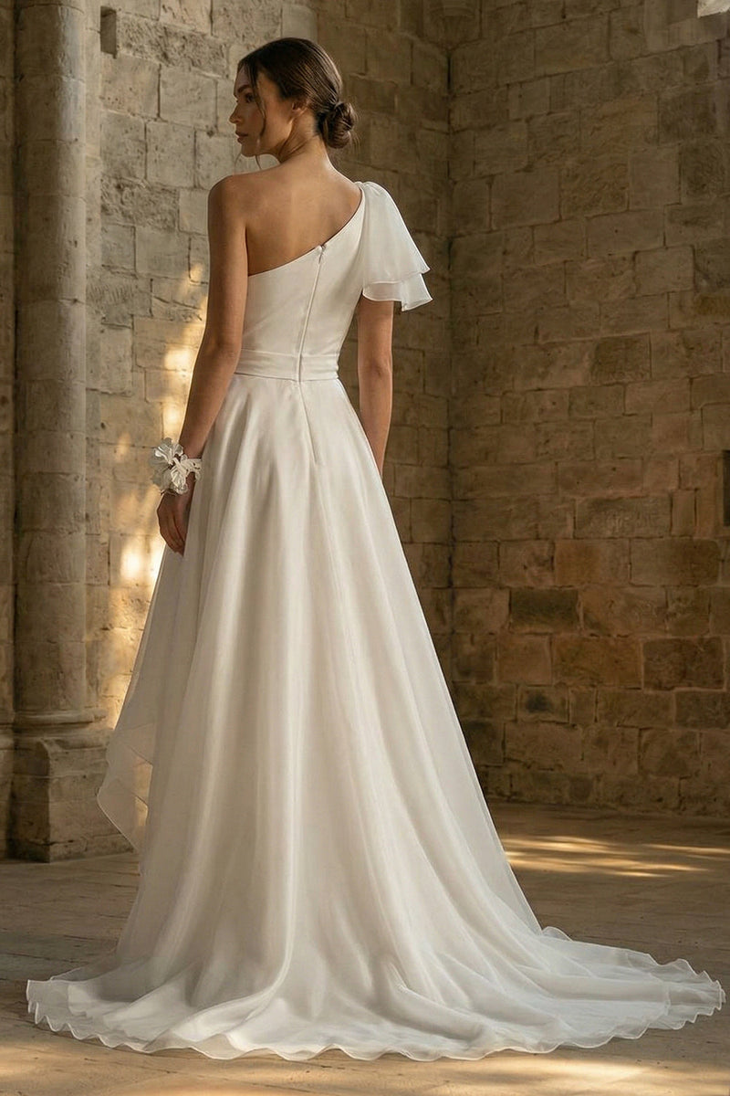 Load image into Gallery viewer, A Line Ruched White Asymmetrical Beach Wedding Dress with Ruffles