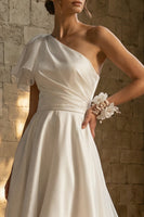 Load image into Gallery viewer, A Line Ruched White Asymmetrical Beach Wedding Dress with Ruffles