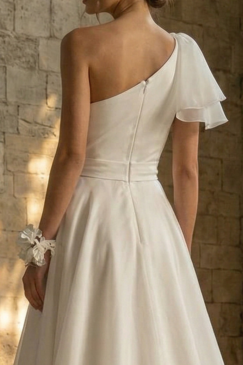 Load image into Gallery viewer, A Line Ruched White Asymmetrical Beach Wedding Dress with Ruffles