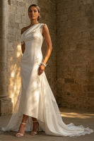 Load image into Gallery viewer, High Low White One Shoulder Beach Wedding Dress with Cape