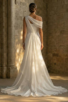 Load image into Gallery viewer, High Low White One Shoulder Beach Wedding Dress with Cape