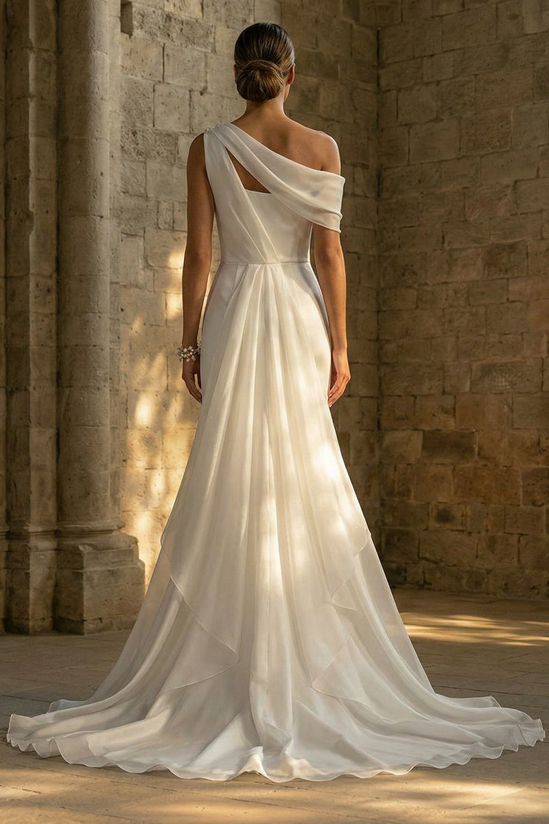Load image into Gallery viewer, High Low White One Shoulder Beach Wedding Dress with Cape