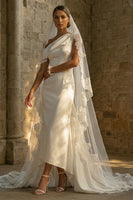 Load image into Gallery viewer, High Low White One Shoulder Beach Wedding Dress with Cape