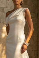 Load image into Gallery viewer, High Low White One Shoulder Beach Wedding Dress with Cape