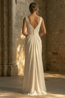 Load image into Gallery viewer, White Ruched Sheath Maxi Beach Wedding Dress with Slit
