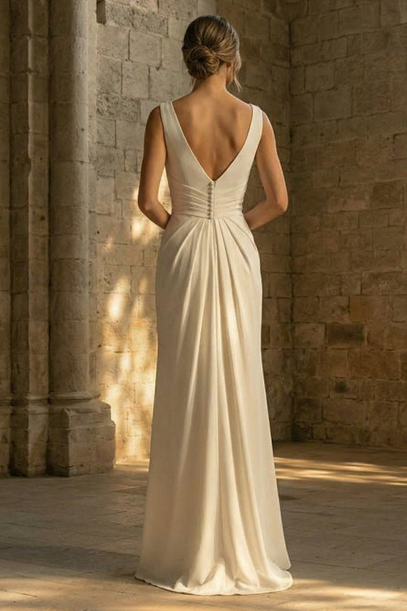 Load image into Gallery viewer, White Ruched Sheath Maxi Beach Wedding Dress with Slit