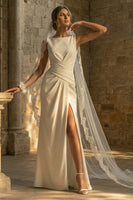 Load image into Gallery viewer, White Ruched Sheath Maxi Beach Wedding Dress with Slit