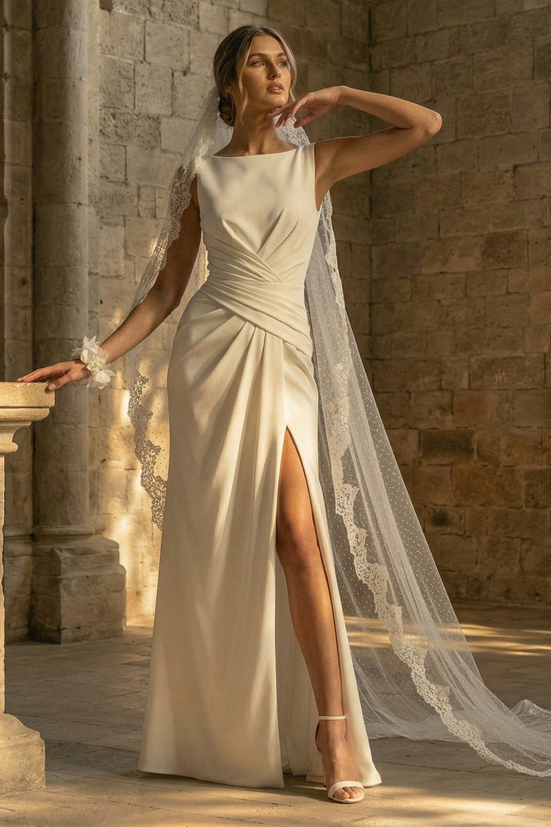 Load image into Gallery viewer, White Ruched Sheath Maxi Beach Wedding Dress with Slit