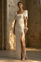 Load image into Gallery viewer, White Sheath Square Neck Maxi Boho Wedding Dress with Slit