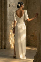 Load image into Gallery viewer, White Sheath Square Neck Maxi Boho Wedding Dress with Slit