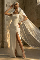 Load image into Gallery viewer, White Sheath Square Neck Maxi Boho Wedding Dress with Slit