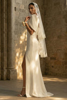 Load image into Gallery viewer, White Sheath Square Neck Maxi Boho Wedding Dress with Slit