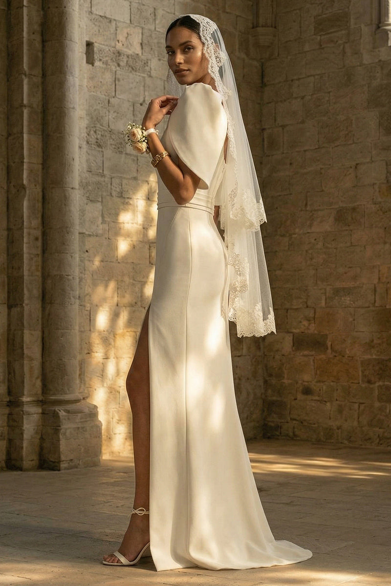 Load image into Gallery viewer, White Sheath Square Neck Maxi Boho Wedding Dress with Slit
