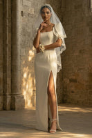 Load image into Gallery viewer, White Sheath Square Neck Maxi Boho Wedding Dress with Slit