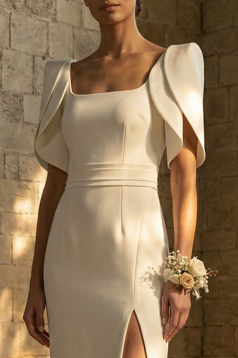 Load image into Gallery viewer, White Sheath Square Neck Maxi Boho Wedding Dress with Slit