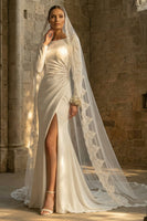 Load image into Gallery viewer, Maxi White Mermaid Bateau Neck Backless Beach Wedding Dress with Slit