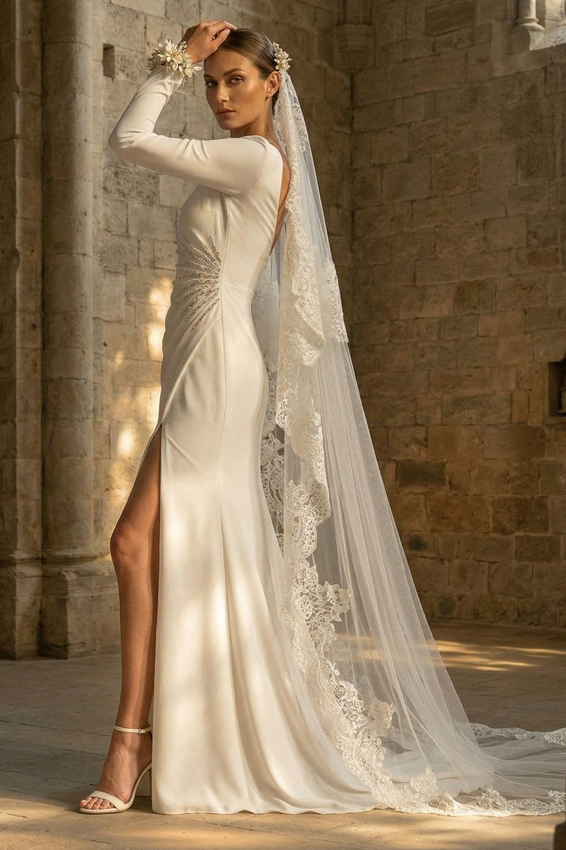 Load image into Gallery viewer, Maxi White Mermaid Bateau Neck Backless Beach Wedding Dress with Slit