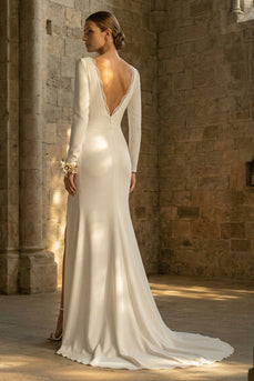 Maxi White Mermaid Bateau Neck Backless Beach Wedding Dress with Slit