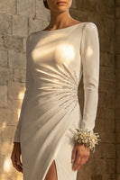 Load image into Gallery viewer, Maxi White Mermaid Bateau Neck Backless Beach Wedding Dress with Slit