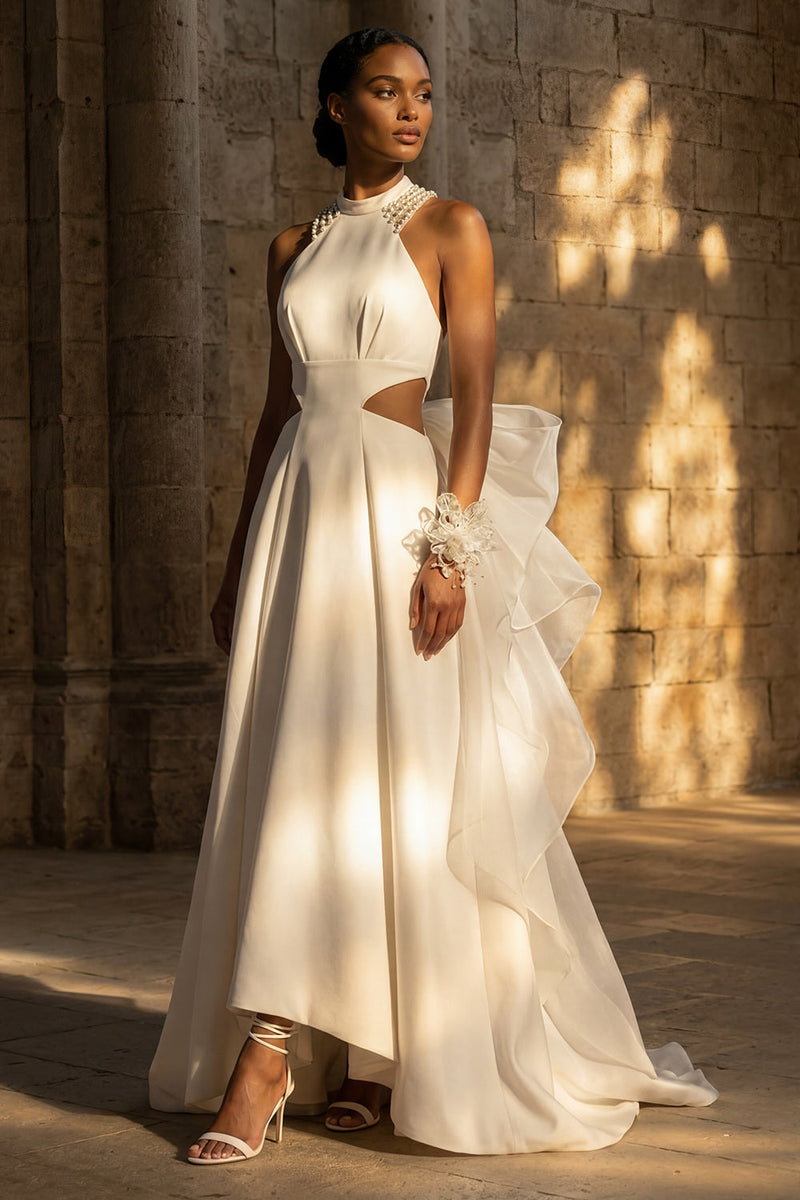 Load image into Gallery viewer, Maxi High Neck White A Line Boho Wedding Dress