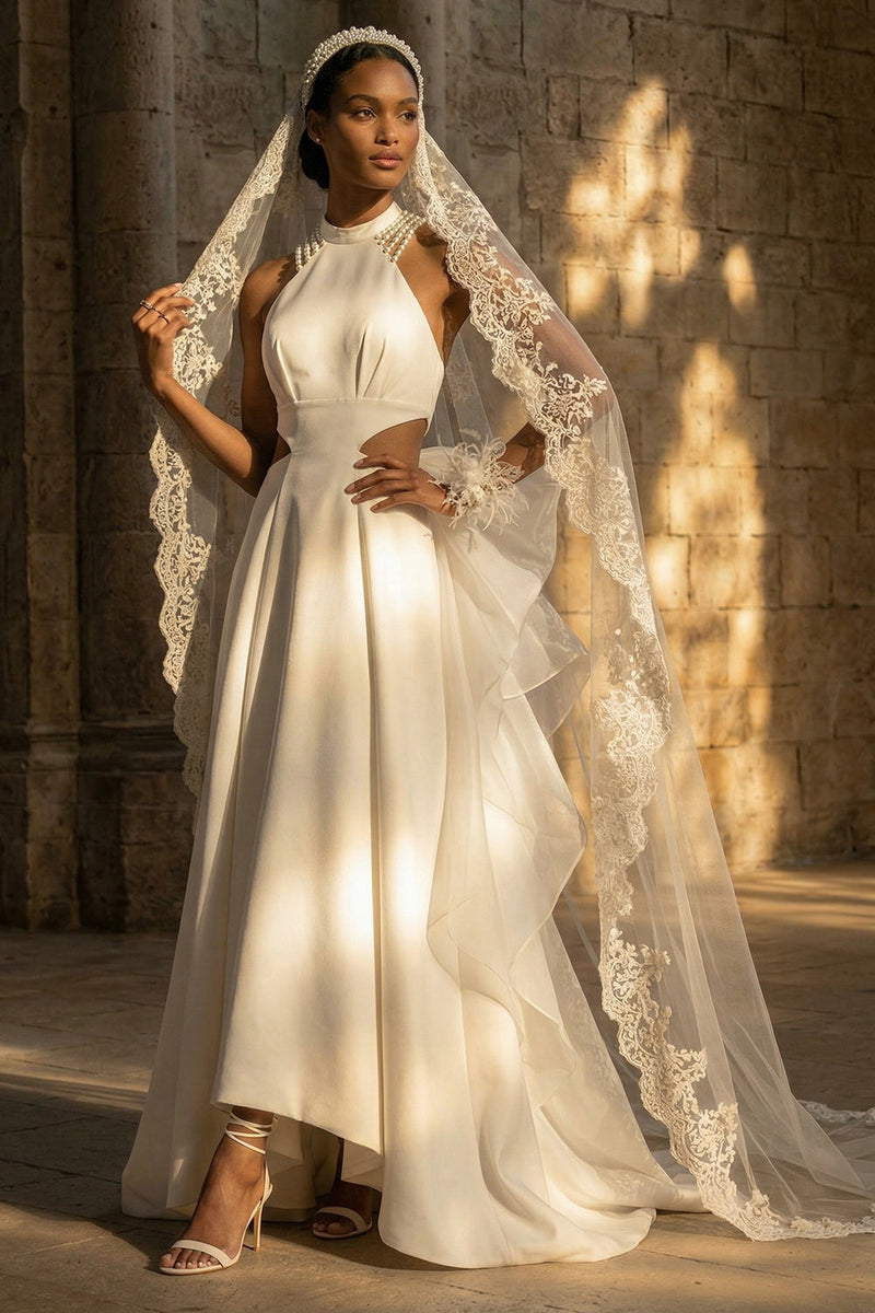 Load image into Gallery viewer, Maxi High Neck White A Line Boho Wedding Dress