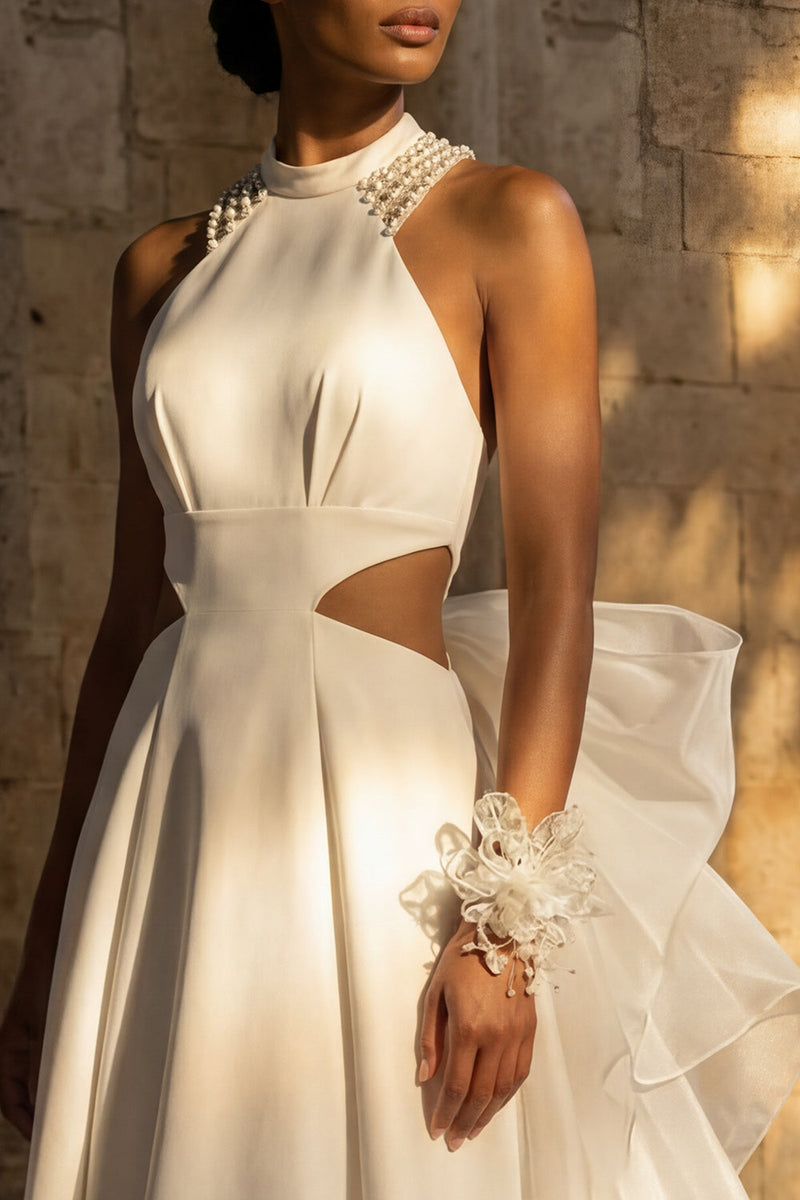 Load image into Gallery viewer, Maxi High Neck White A Line Boho Wedding Dress