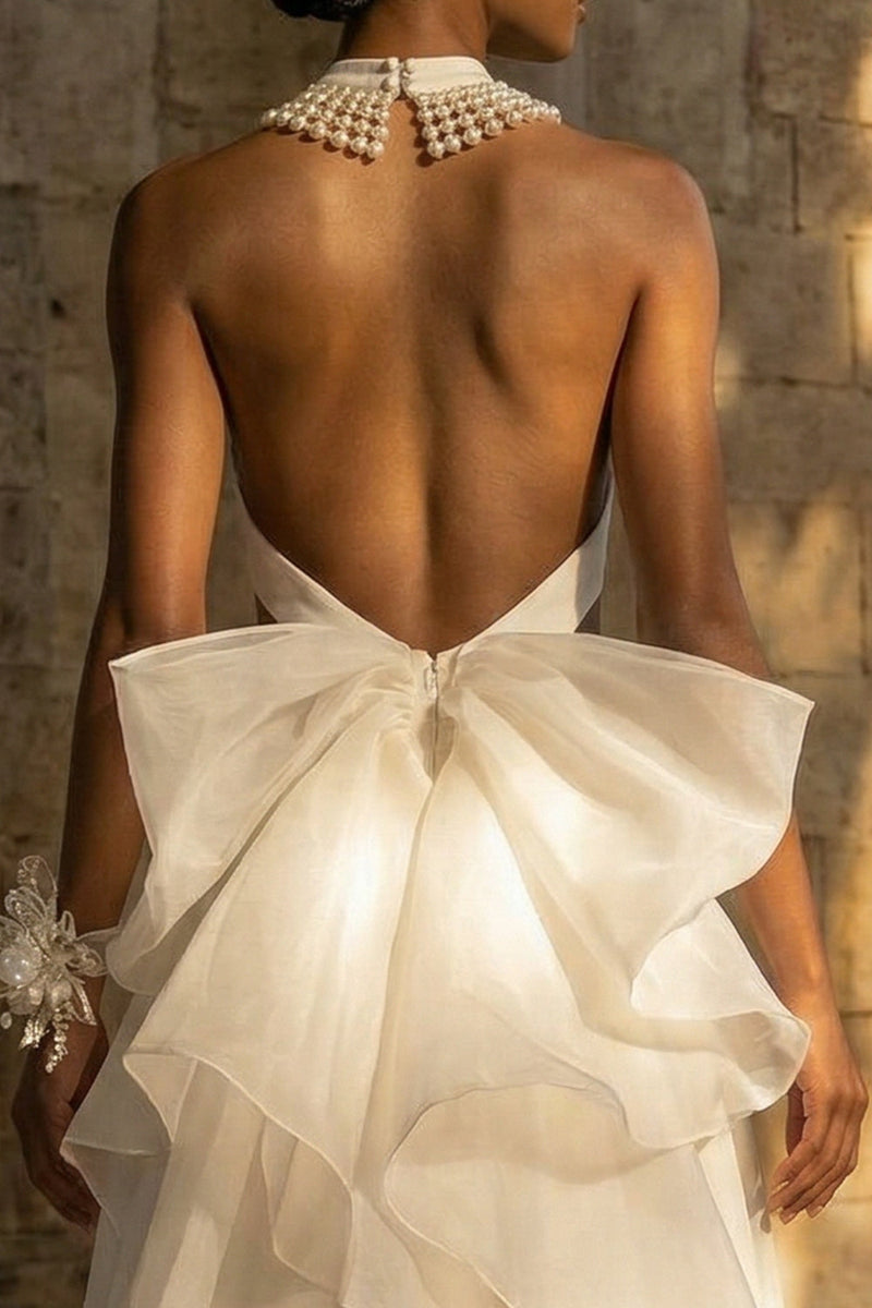 Load image into Gallery viewer, Maxi High Neck White A Line Boho Wedding Dress