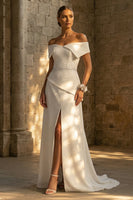 Load image into Gallery viewer, White Sheath Beaded Maxi Boho Wedding Dress with Slit