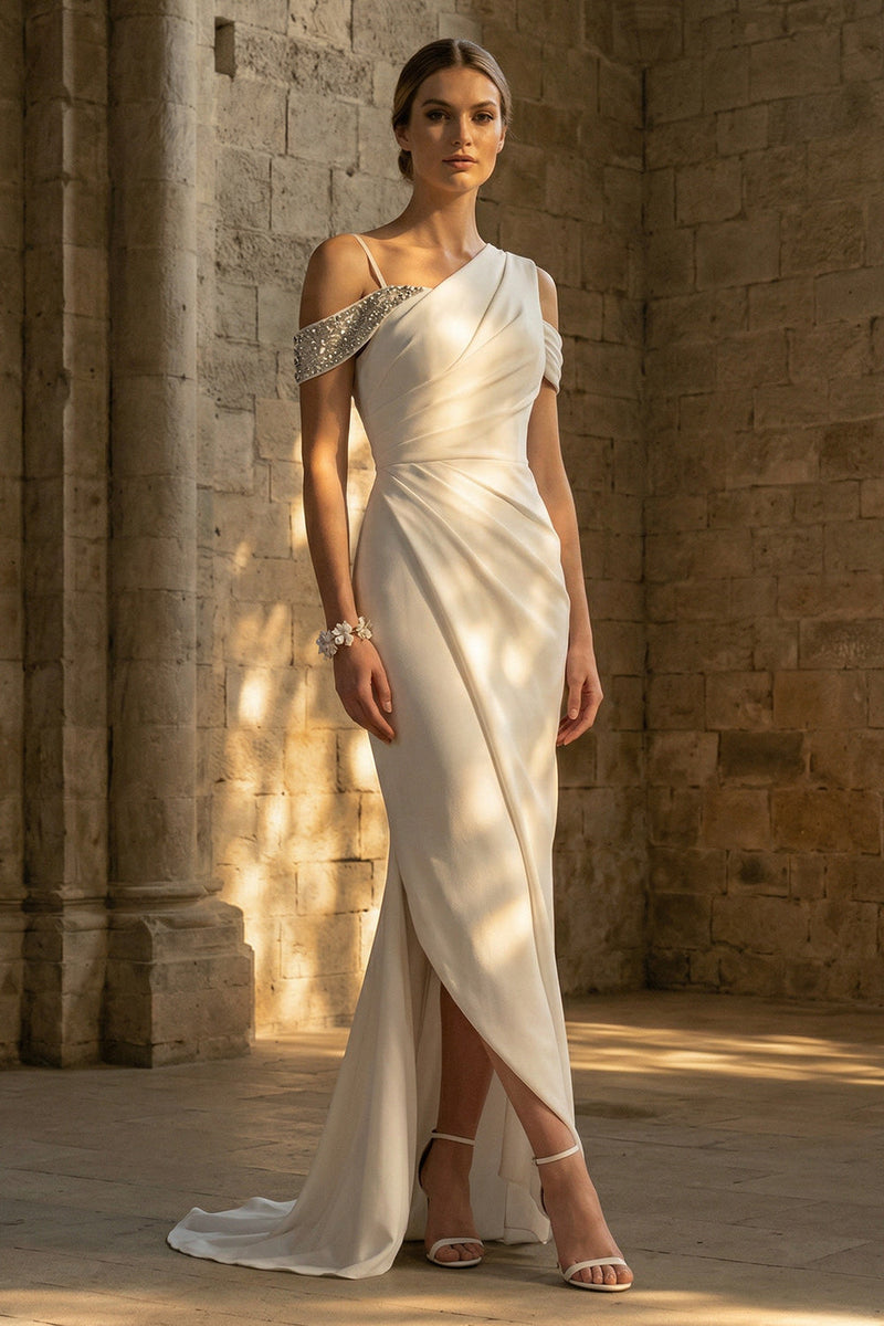 Load image into Gallery viewer, White Mermaid Maxi Ruched Boho Wedding Dress