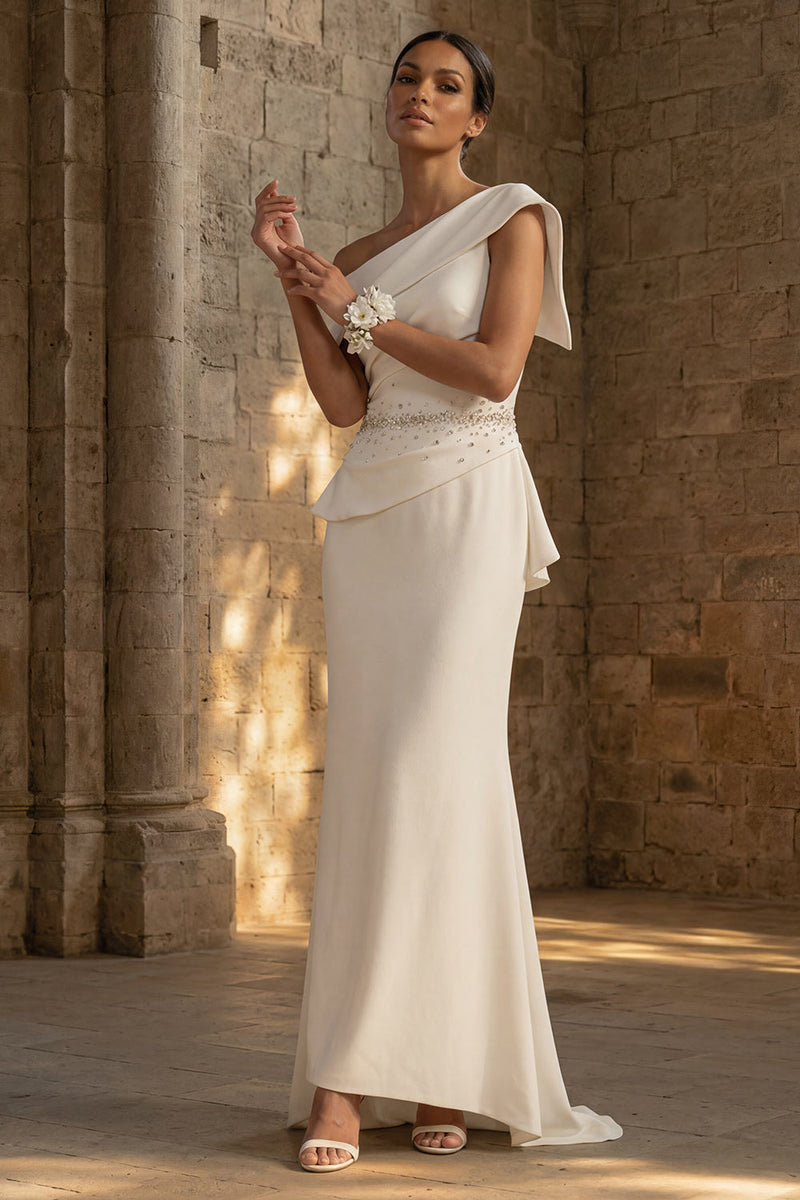 Load image into Gallery viewer, White Mermaid Ruched Maxi One Shoulder Boho Wedding Dress