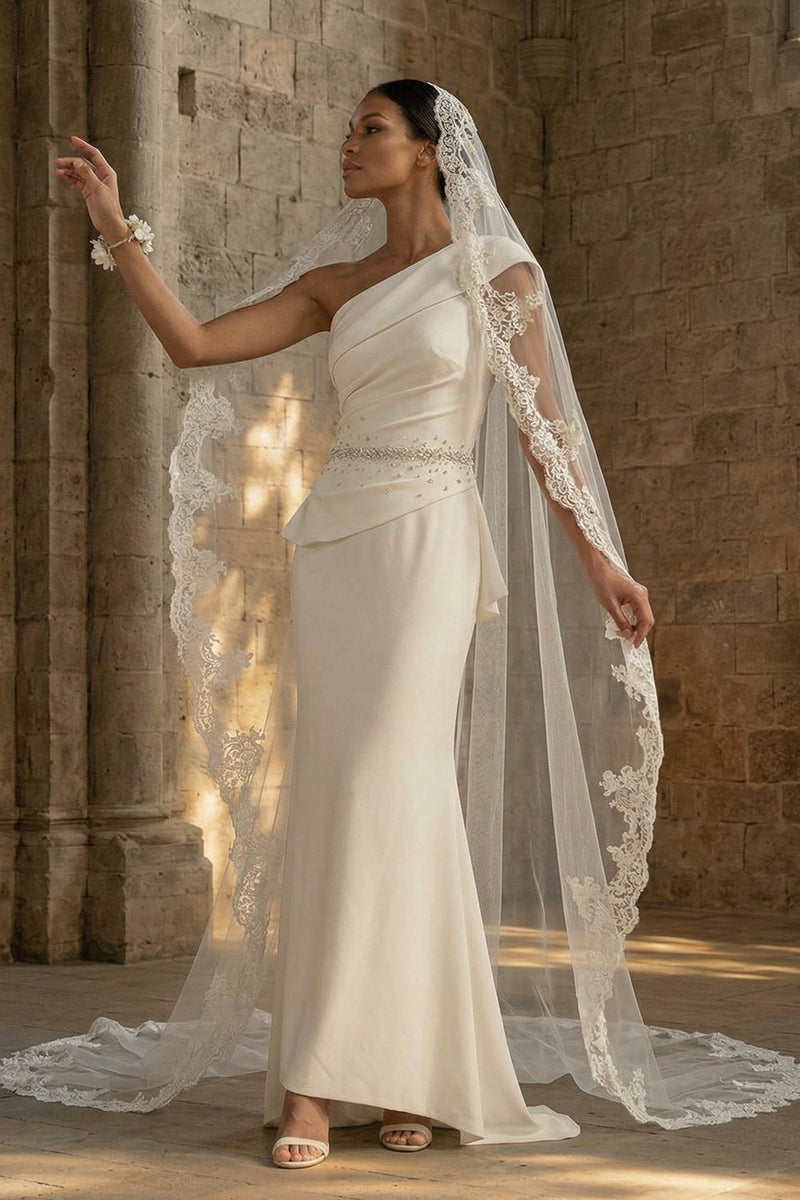 Load image into Gallery viewer, White Mermaid Ruched Maxi One Shoulder Boho Wedding Dress