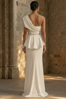 White Mermaid Ruched Maxi One Shoulder Boho Wedding Dress