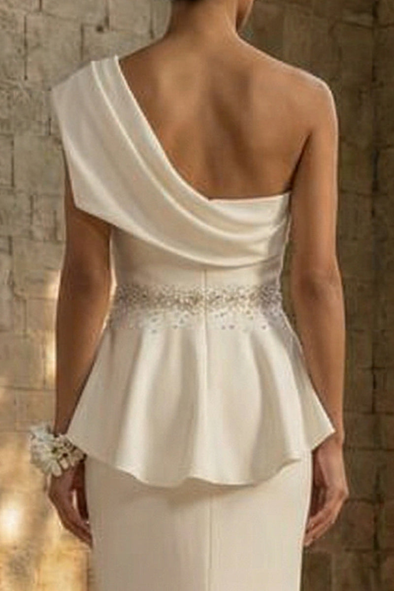 Load image into Gallery viewer, White Mermaid Ruched Maxi One Shoulder Boho Wedding Dress