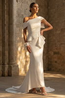 Load image into Gallery viewer, White Ruched Mermaid Sweep Train One Shoulder Boho Wedding Dress with Ruffles