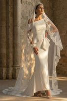 Load image into Gallery viewer, White Ruched Mermaid Sweep Train One Shoulder Boho Wedding Dress with Ruffles