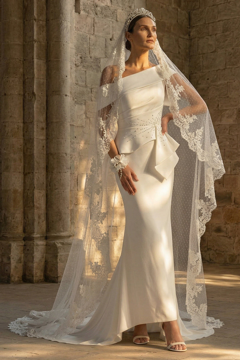 Load image into Gallery viewer, White Ruched Mermaid Sweep Train One Shoulder Boho Wedding Dress with Ruffles