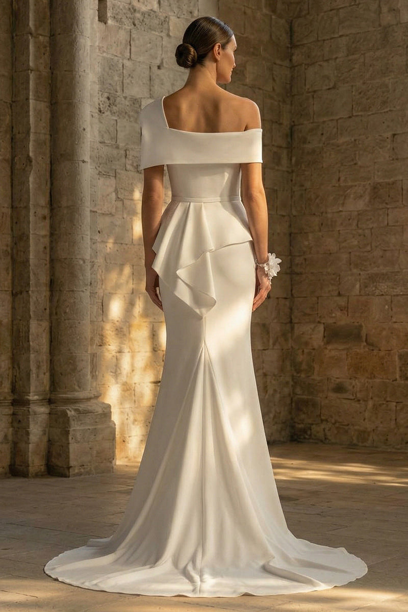 Load image into Gallery viewer, White Ruched Mermaid Sweep Train One Shoulder Boho Wedding Dress with Ruffles