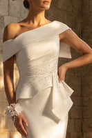 Load image into Gallery viewer, White Ruched Mermaid Sweep Train One Shoulder Boho Wedding Dress with Ruffles