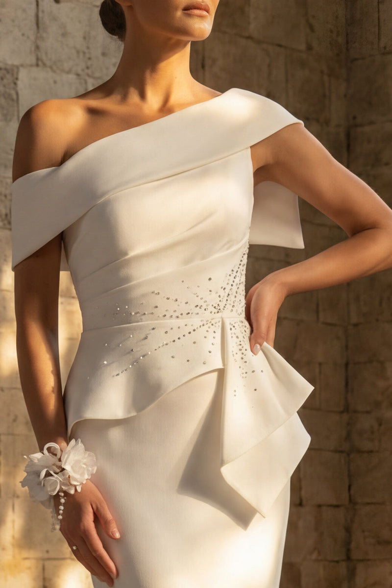 Load image into Gallery viewer, White Ruched Mermaid Sweep Train One Shoulder Boho Wedding Dress with Ruffles