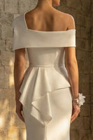 Load image into Gallery viewer, White Ruched Mermaid Sweep Train One Shoulder Boho Wedding Dress with Ruffles