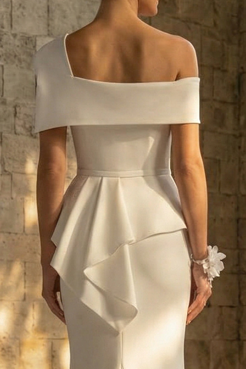 Load image into Gallery viewer, White Ruched Mermaid Sweep Train One Shoulder Boho Wedding Dress with Ruffles