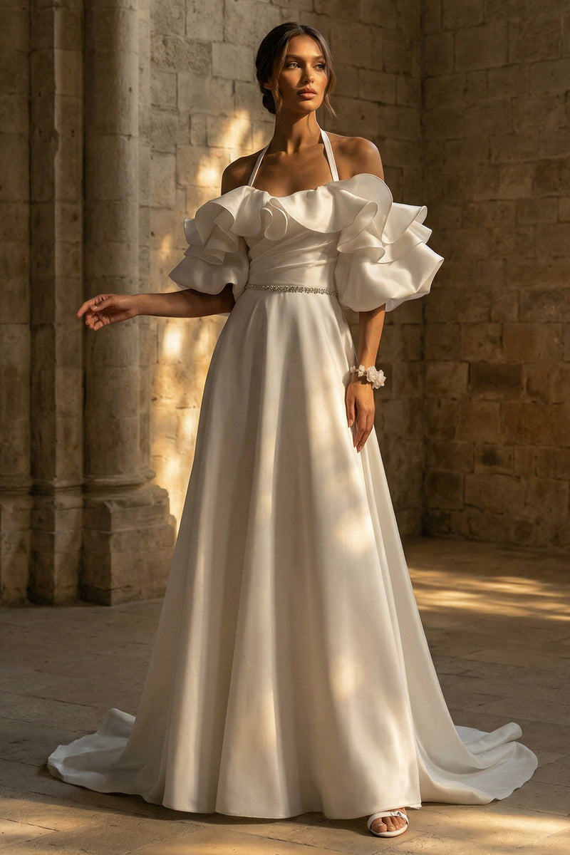 Load image into Gallery viewer, White Ruffled Halter Sweep Train Backless Boho Wedding Dress