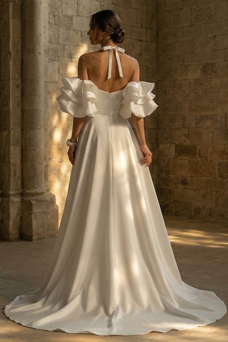 Load image into Gallery viewer, White Ruffled Halter Sweep Train Backless Boho Wedding Dress