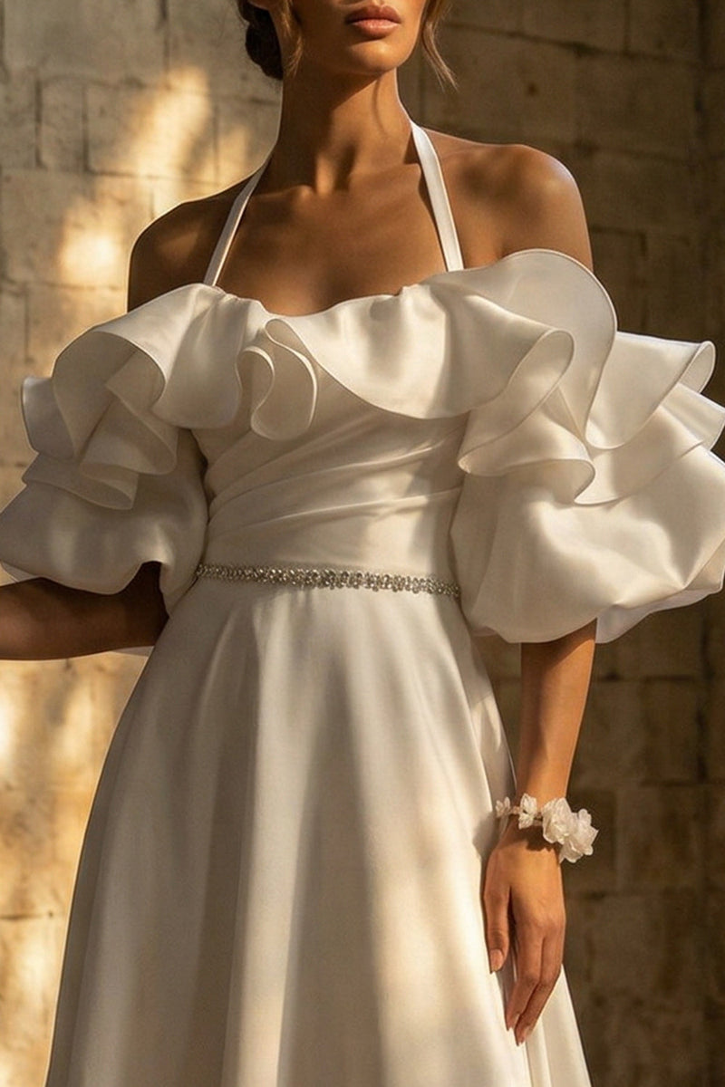 Load image into Gallery viewer, White Ruffled Halter Sweep Train Backless Boho Wedding Dress