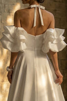 Load image into Gallery viewer, White Ruffled Halter Sweep Train Backless Boho Wedding Dress