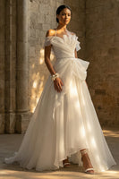 Load image into Gallery viewer, Ruched White Halter A Line Sweep Train Boho Wedding Dress with Ruffles