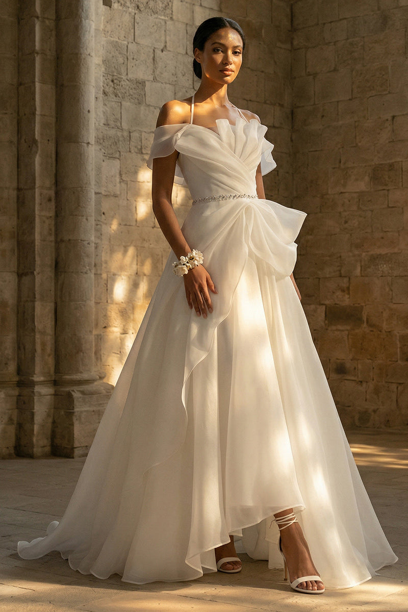 Load image into Gallery viewer, Ruched White Halter A Line Sweep Train Boho Wedding Dress with Ruffles